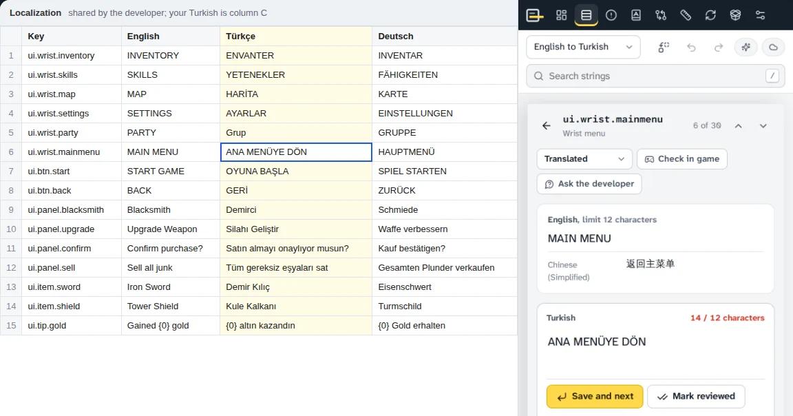 A developer’s Google Sheet with the Overset side panel open beside it. The Turkish cell for the wrist menu is selected, and the panel shows that string with its English, a Chinese original, and the Turkish translation at 14 of 12 characters.
